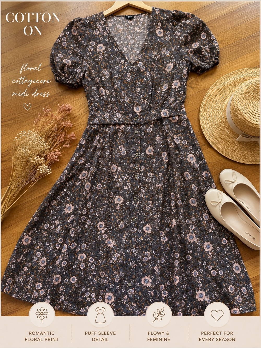Cottagecore Midi Dress | Puff Sleeve Prairie Dress | Boho Romantic Dress | M